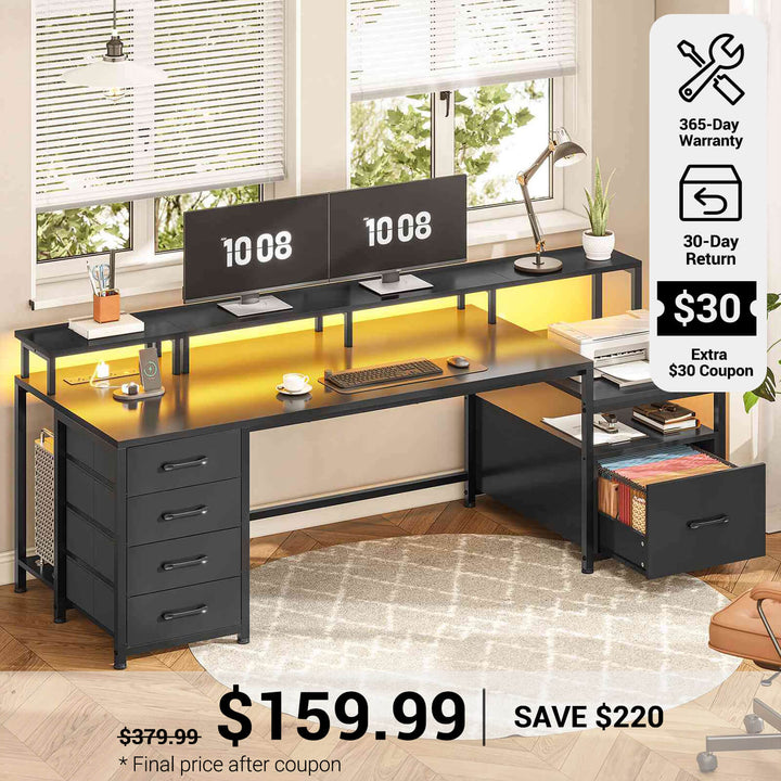 SEDETA® 75 Inch LED Gaming Desk Home Office Computer Desk with 5 Drawers Storage Shelves and Power Outlet