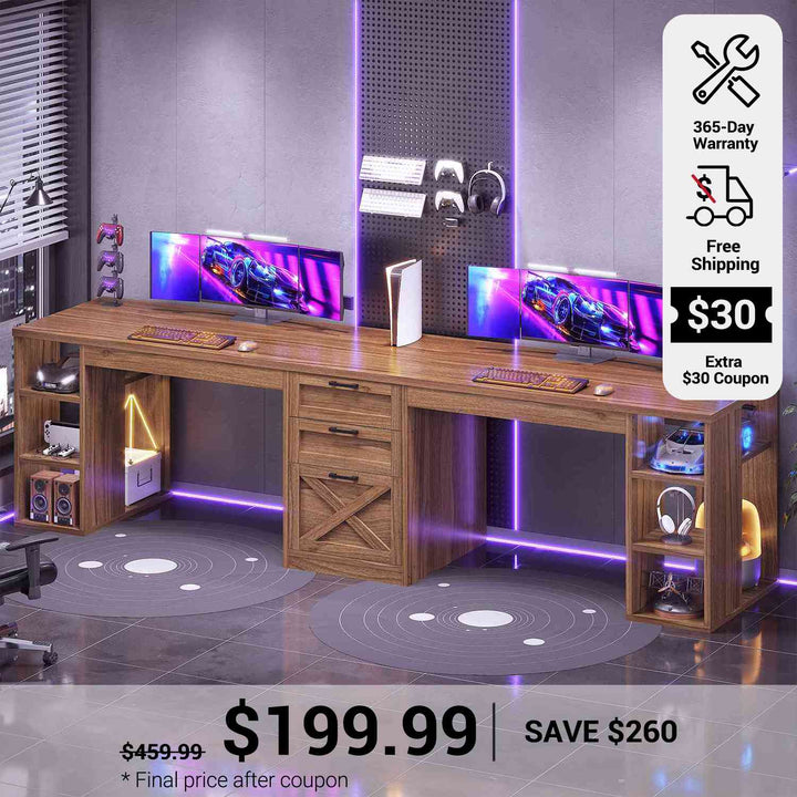 SEDETA 96.5 Inch Long Two Person Farmhouse Computer Desk Writing Desk with Drawers Storage Shelves