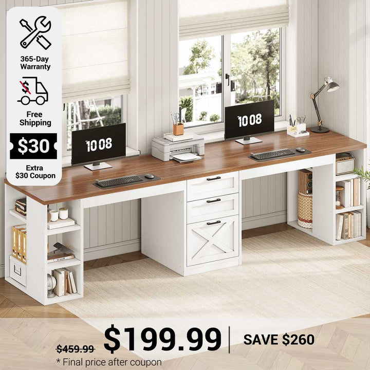 SEDETA 96.5 Inch Long Two Person Farmhouse Computer Desk Writing Desk with Drawers Storage Shelves