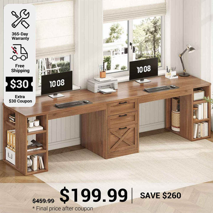 SEDETA 96.5 Inch Long Two Person Farmhouse Computer Desk Writing Desk with Drawers Storage Shelves