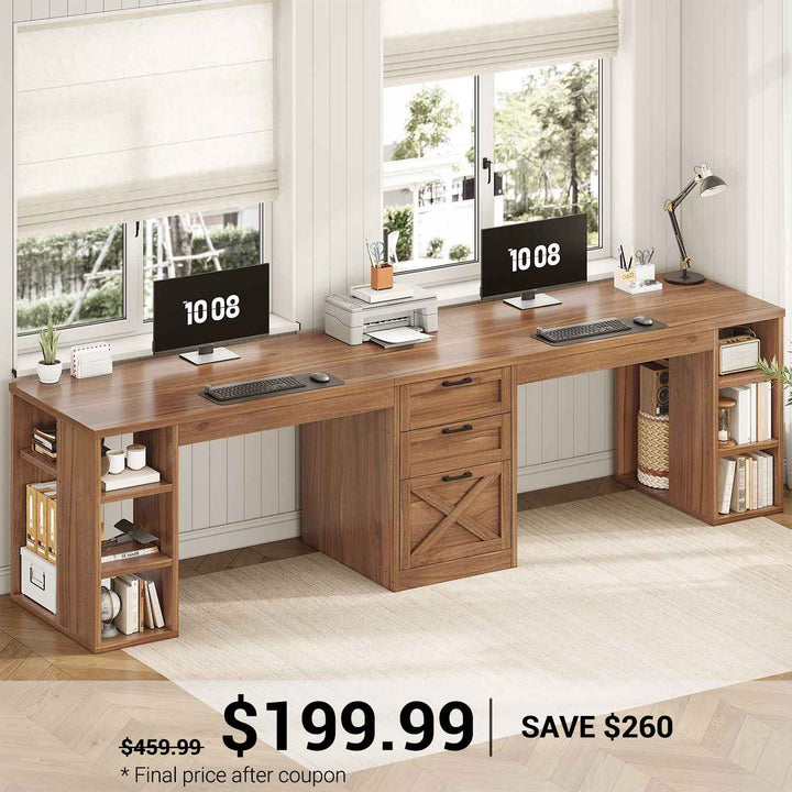 SEDETA 96.5 Inch Long Two Person Farmhouse Computer Desk Writing Desk with Drawers Storage Shelves