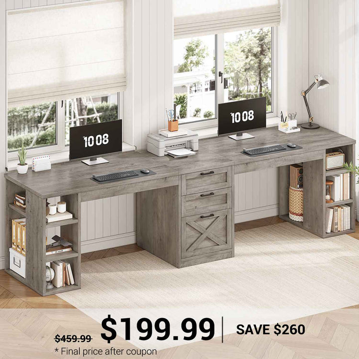 SEDETA 96.5 Inch Long Two Person Farmhouse Computer Desk Writing Desk with Drawers Storage Shelves