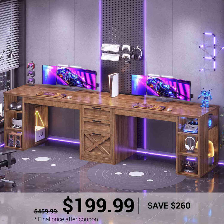 SEDETA 96.5 Inch Long Two Person Farmhouse Computer Desk Writing Desk with Drawers Storage Shelves