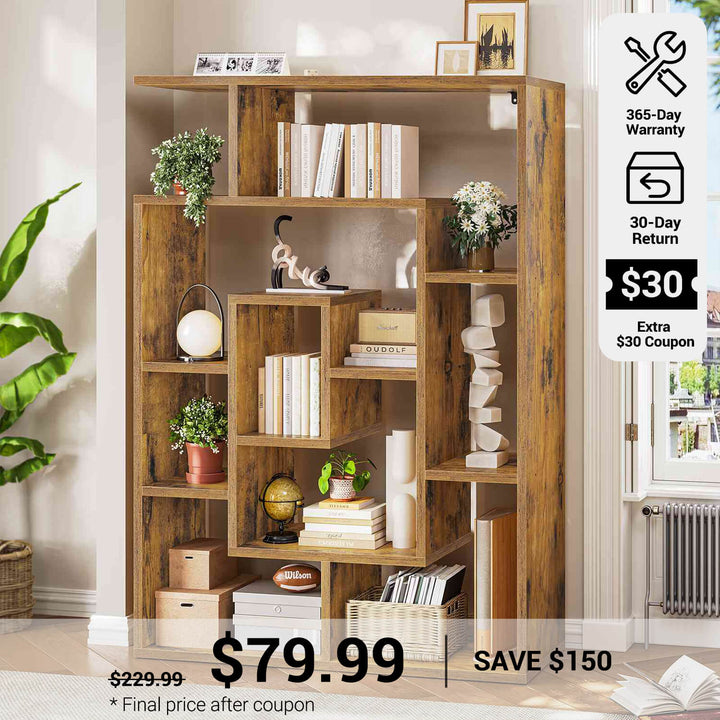 SEDETA® 59 Inch Geometric Multi-layer Wood Bookshelf with Open Compartments and Display Storage Shelves