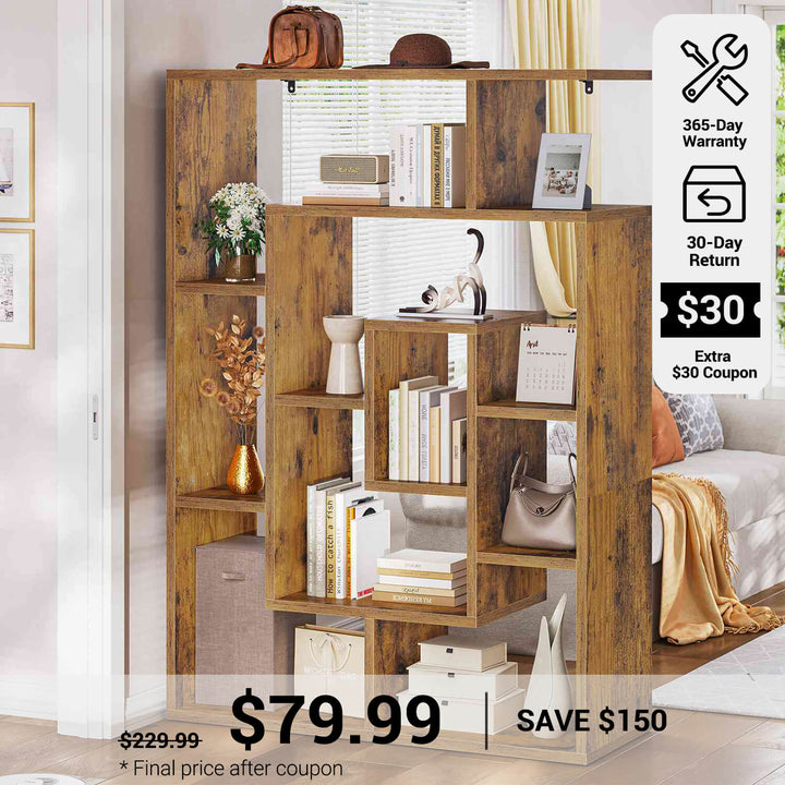 SEDETA® 59 Inch Geometric Multi-layer Wood Bookshelf with Open Compartments and Display Storage Shelves