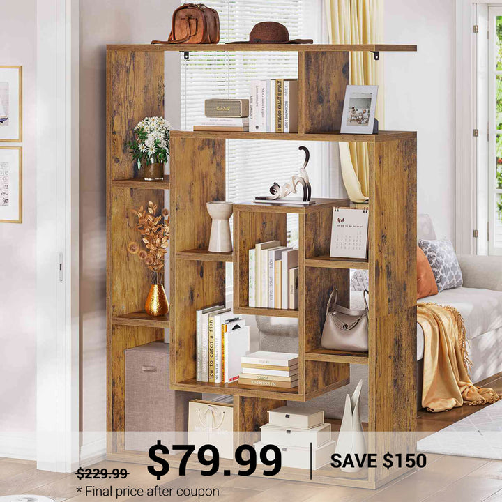 SEDETA® 59 Inch Geometric Multi-layer Wood Bookshelf with Open Compartments and Display Storage Shelves
