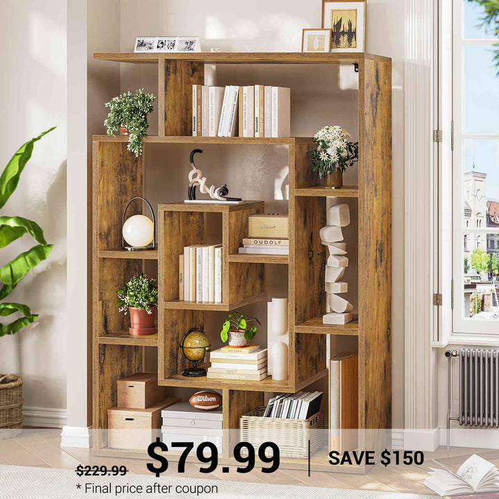 SEDETA® 59 Inch Geometric Multi-layer Wood Bookshelf with Open Compartments and Display Storage Shelves