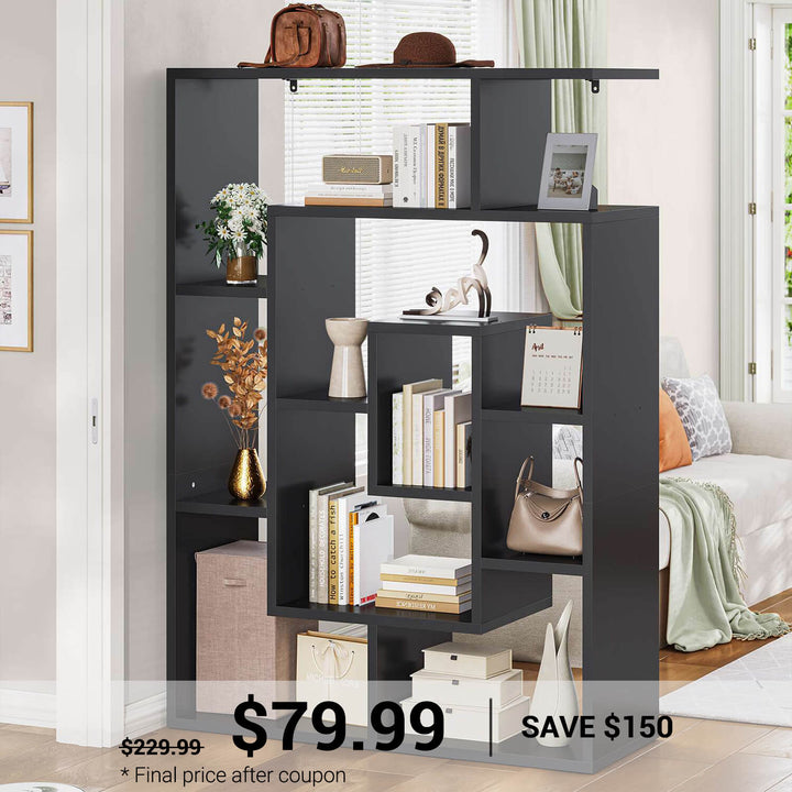 SEDETA® 59 Inch Geometric Multi-layer Wood Bookshelf with Open Compartments and Display Storage Shelves