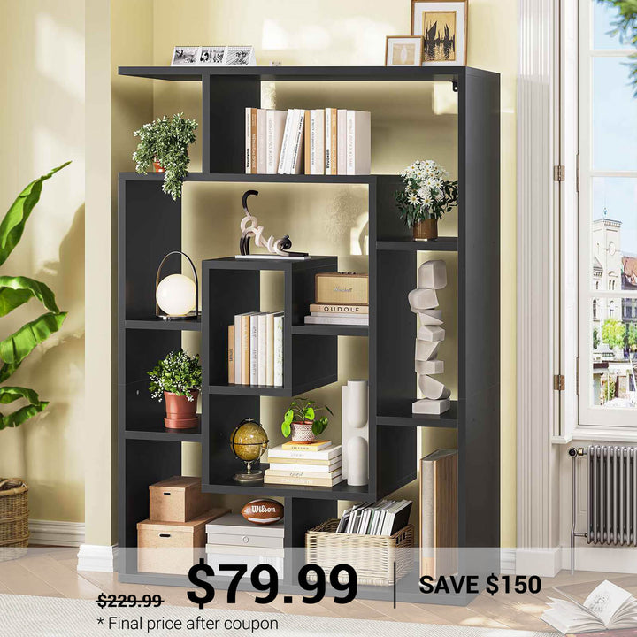 SEDETA® 59 Inch Geometric Multi-layer Wood Bookshelf with Open Compartments and Display Storage Shelves