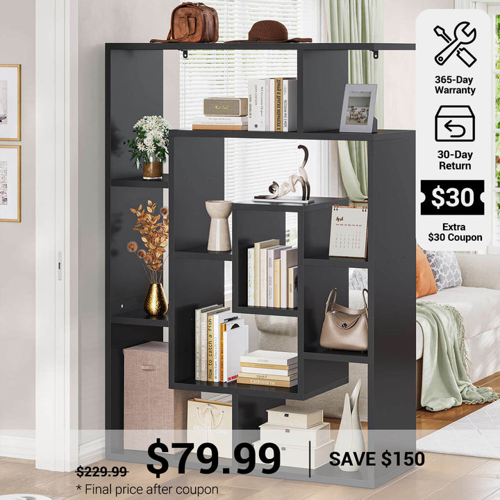 SEDETA® 59 Inch Geometric Multi-layer Wood Bookshelf with Open Compartments and Display Storage Shelves