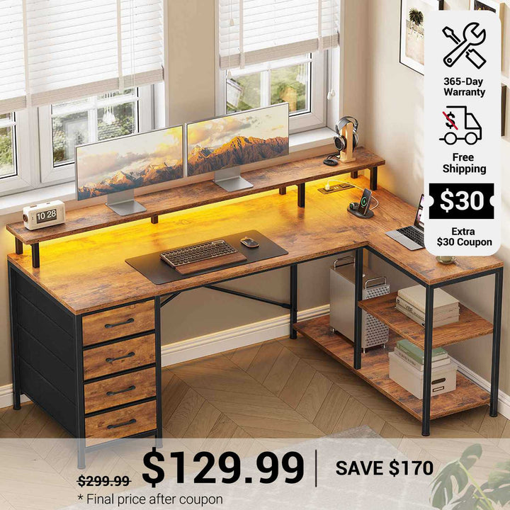 SEDETA 47.2 Inch L Shaped Desk with 4 Drawers and Storage Shelves L Shaped Gaming Desk with LED Lights Power Outlets