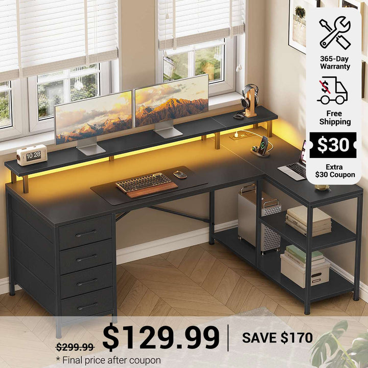 SEDETA 47.2 Inch L Shaped Desk with 4 Drawers and Storage Shelves L Shaped Gaming Desk with LED Lights Power Outlets