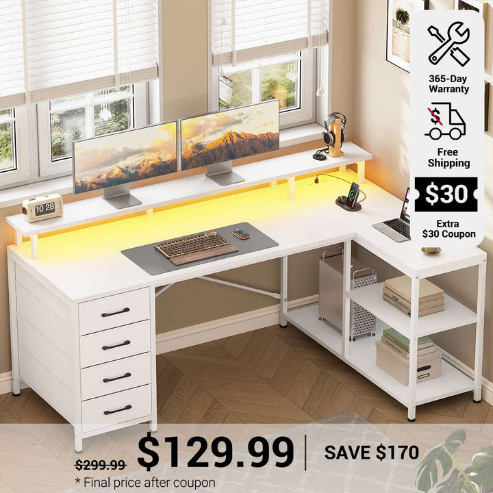 SEDETA 47.2 Inch L Shaped Desk with 4 Drawers and Storage Shelves L Shaped Gaming Desk with LED Lights Power Outlets