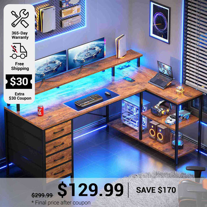 SEDETA 47.2 Inch L Shaped Desk with 4 Drawers and Storage Shelves L Shaped Gaming Desk with LED Lights Power Outlets