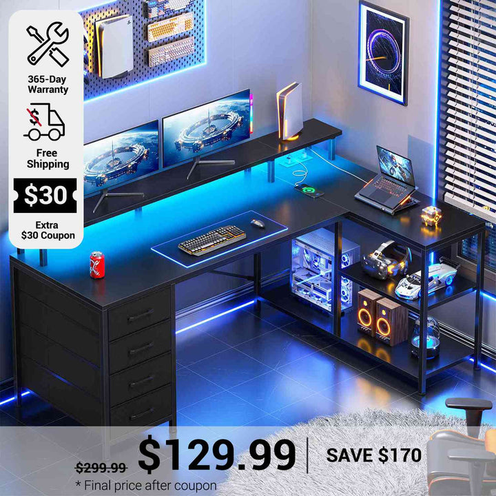 SEDETA 47.2 Inch L Shaped Desk with 4 Drawers and Storage Shelves L Shaped Gaming Desk with LED Lights Power Outlets