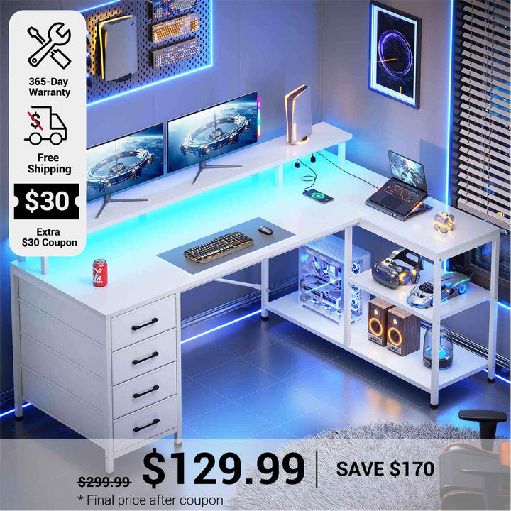 SEDETA 47.2 Inch L Shaped Desk with 4 Drawers and Storage Shelves L Shaped Gaming Desk with LED Lights Power Outlets