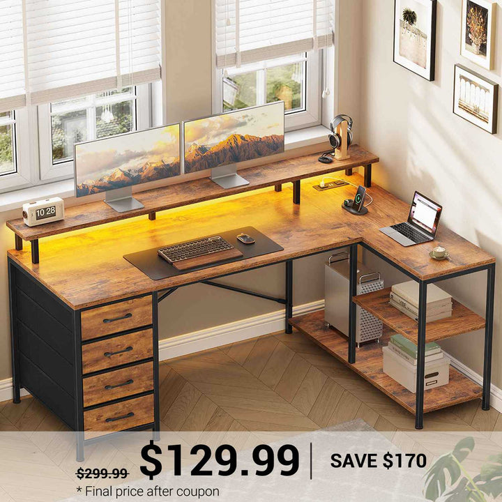 SEDETA 47.2 Inch L Shaped Desk with 4 Drawers and Storage Shelves L Shaped Gaming Desk with LED Lights Power Outlets