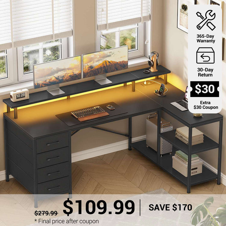 SEDETA® 47.2 Inch L Shaped Gaming Desk with LED Lights Power Outlets Computer Desk 4 Drawers and Storage Shelves