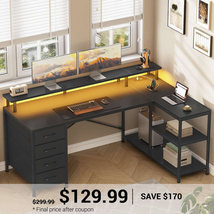 SEDETA 47.2 Inch L Shaped Desk with 4 Drawers and Storage Shelves L Shaped Gaming Desk with LED Lights Power Outlets