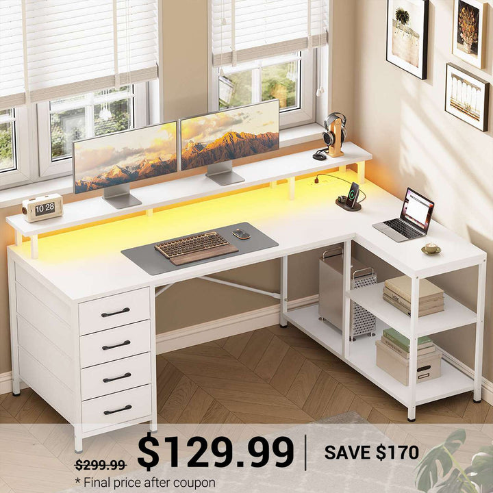 SEDETA 47.2 Inch L Shaped Desk with 4 Drawers and Storage Shelves L Shaped Gaming Desk with LED Lights Power Outlets