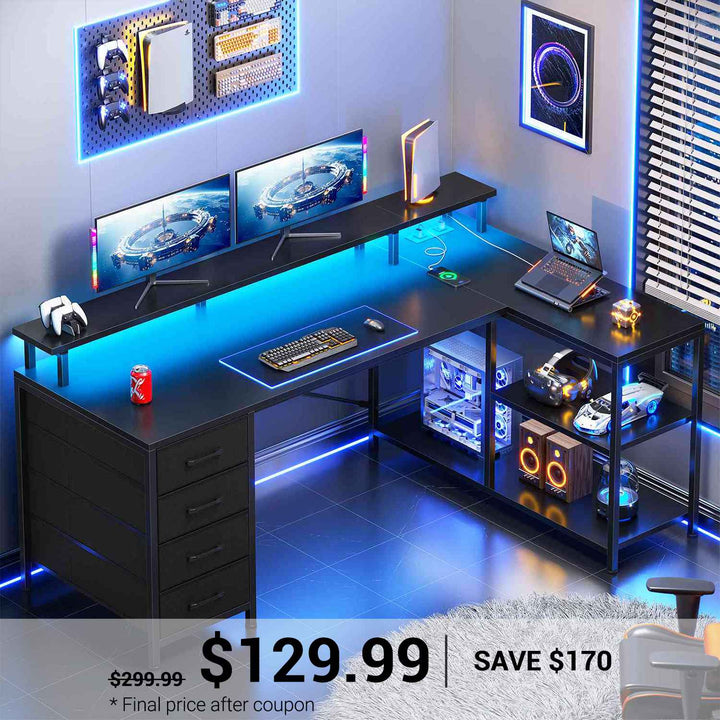 SEDETA 47.2 Inch L Shaped Desk with 4 Drawers and Storage Shelves L Shaped Gaming Desk with LED Lights Power Outlets