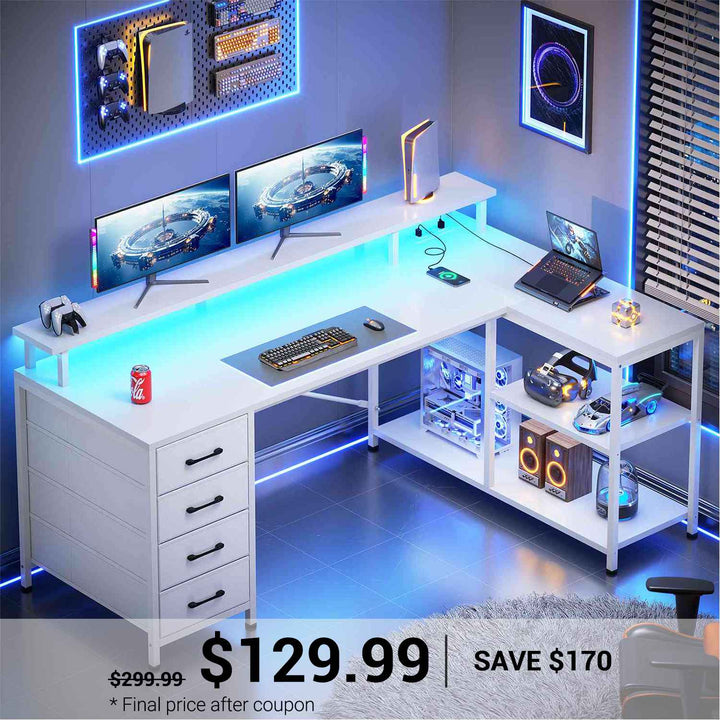 SEDETA 47.2 Inch L Shaped Desk with 4 Drawers and Storage Shelves L Shaped Gaming Desk with LED Lights Power Outlets