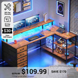 SEDETA® 47.2 Inch L Shaped Gaming Desk with LED Lights Power Outlets Computer Desk 4 Drawers and Storage Shelves
