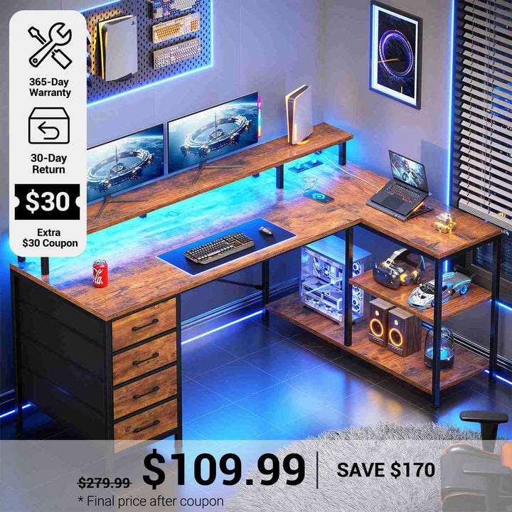 SEDETA® 47.2 Inch L Shaped Gaming Desk with LED Lights Power Outlets Computer Desk 4 Drawers and Storage Shelves