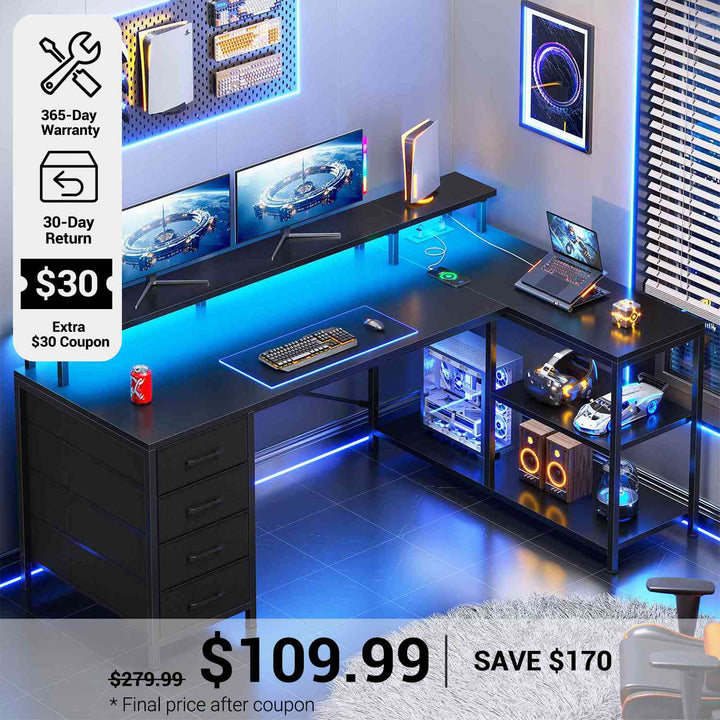 SEDETA® 47.2 Inch L Shaped Gaming Desk with LED Lights Power Outlets Computer Desk 4 Drawers and Storage Shelves