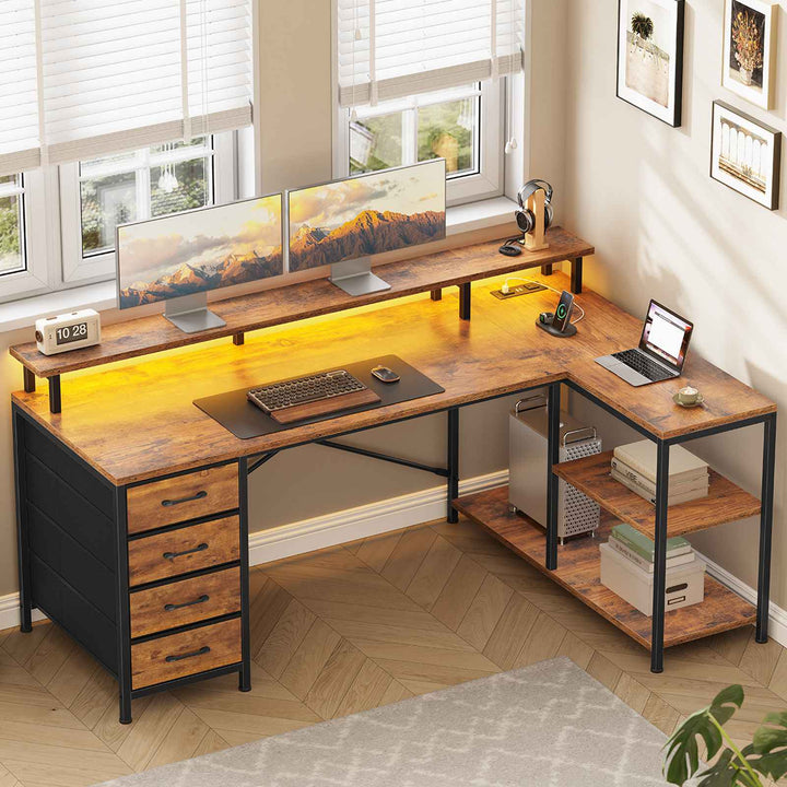 SEDETA 47.2 Inch L Shaped Desk with 4 Drawers and Storage Shelves L Shaped Gaming Desk with LED Lights Power Outlets