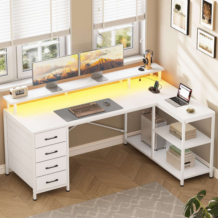 SEDETA 47.2 Inch L Shaped Desk with 4 Drawers and Storage Shelves L Shaped Gaming Desk with LED Lights Power Outlets