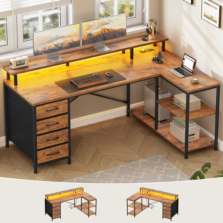 SEDETA 47.2 Inch L Shaped Desk with 4 Drawers and Storage Shelves L Shaped Gaming Desk with LED Lights Power Outlets