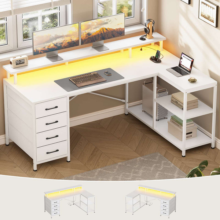 SEDETA 47.2 Inch L Shaped Desk with 4 Drawers and Storage Shelves L Shaped Gaming Desk with LED Lights Power Outlets