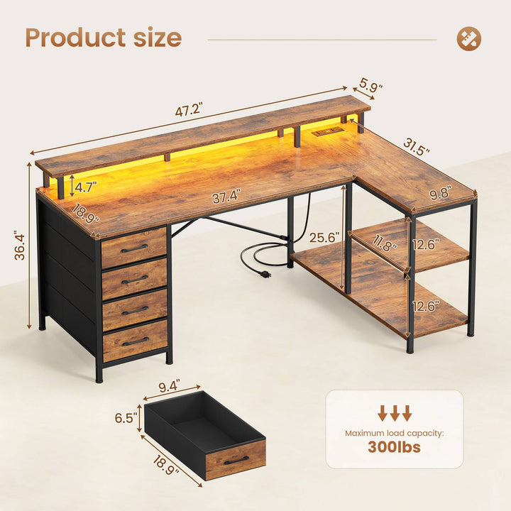 SEDETA 47.2 Inch L Shaped Desk with 4 Drawers and Storage Shelves L Shaped Gaming Desk with LED Lights Power Outlets
