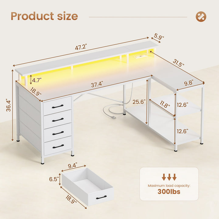 SEDETA 47.2 Inch L Shaped Desk with 4 Drawers and Storage Shelves L Shaped Gaming Desk with LED Lights Power Outlets