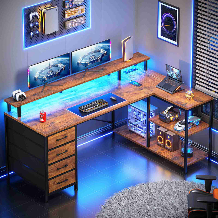 SEDETA 47.2 Inch L Shaped Desk with 4 Drawers and Storage Shelves L Shaped Gaming Desk with LED Lights Power Outlets