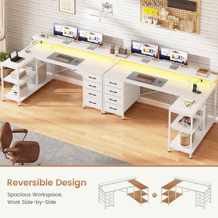 SEDETA 47.2 Inch L Shaped Desk with 4 Drawers and Storage Shelves L Shaped Gaming Desk with LED Lights Power Outlets