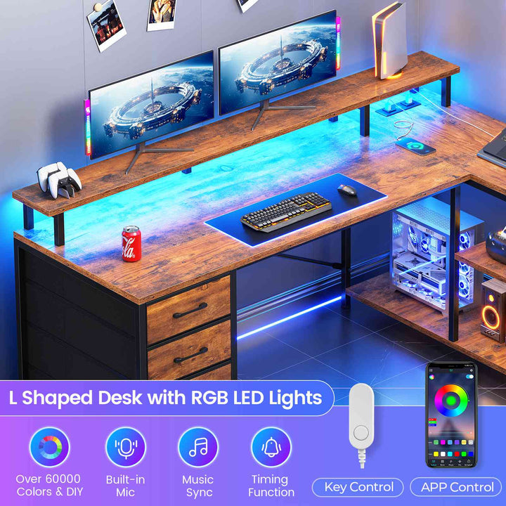 SEDETA 47.2 Inch L Shaped Desk with 4 Drawers and Storage Shelves L Shaped Gaming Desk with LED Lights Power Outlets