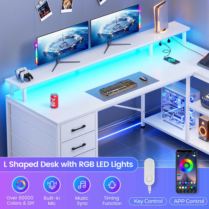 SEDETA 47.2 Inch L Shaped Desk with 4 Drawers and Storage Shelves L Shaped Gaming Desk with LED Lights Power Outlets