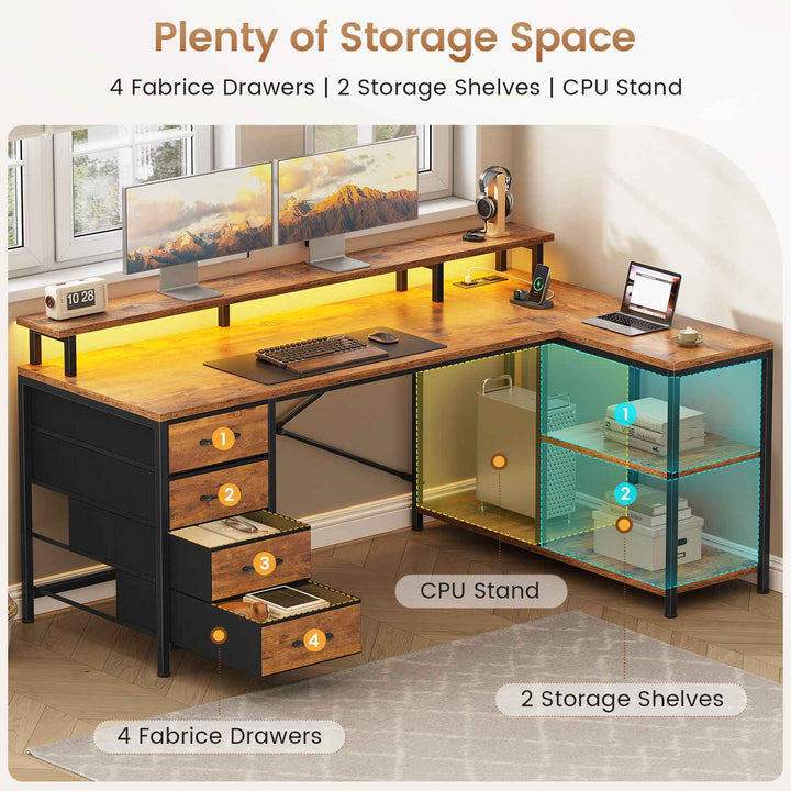 SEDETA 47.2 Inch L Shaped Desk with 4 Drawers and Storage Shelves L Shaped Gaming Desk with LED Lights Power Outlets