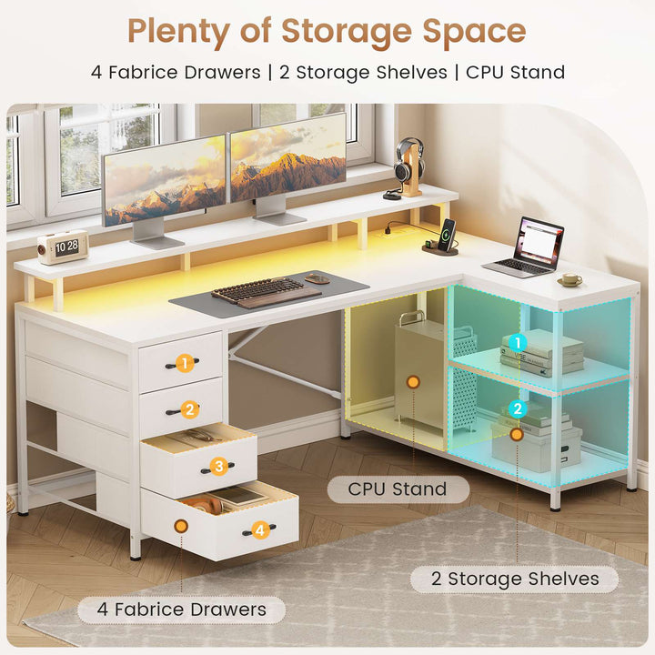 SEDETA 47.2 Inch L Shaped Desk with 4 Drawers and Storage Shelves L Shaped Gaming Desk with LED Lights Power Outlets