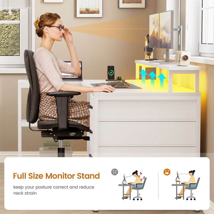 SEDETA 47.2 Inch L Shaped Desk with 4 Drawers and Storage Shelves L Shaped Gaming Desk with LED Lights Power Outlets