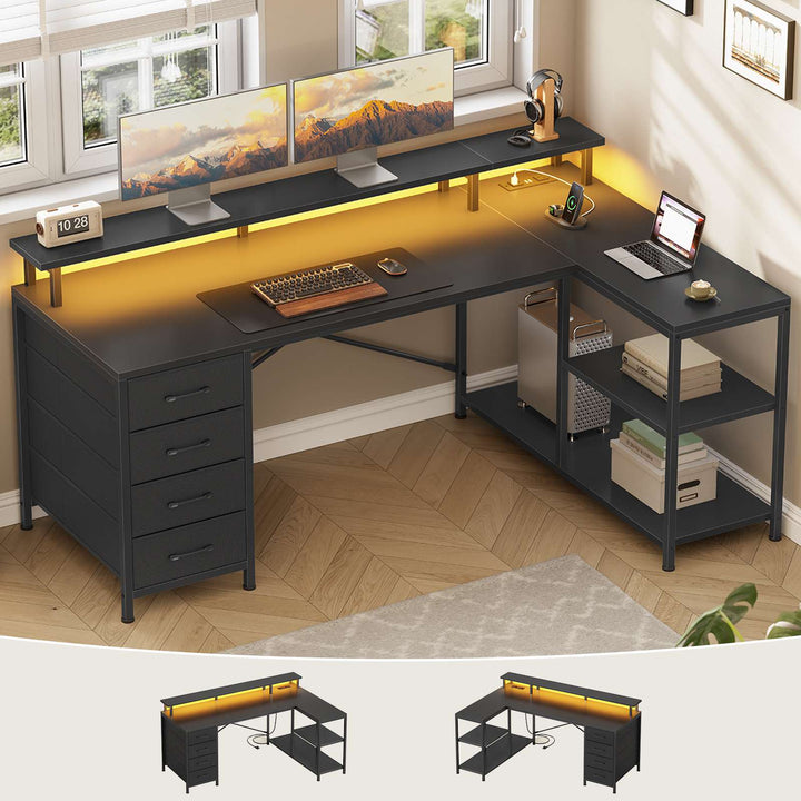 SEDETA 47.2 Inch L Shaped Desk with 4 Drawers and Storage Shelves L Shaped Gaming Desk with LED Lights Power Outlets