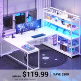 SEDETA | 63 Inch Reversible Corner Computer Desk L Shaped LED Gaming Desk with Storage Shelves and Power Outlet