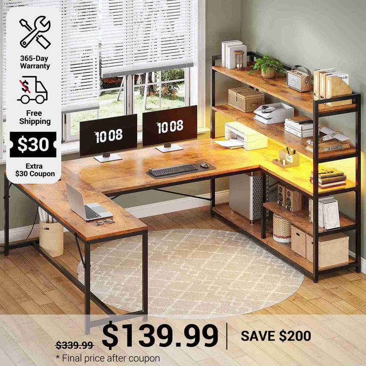 SEDETA 63 Inch Reversible Office Computer Desk L Shaped Gaming Desk with LED Lights Power Outlet 5-tier Storage Shelves