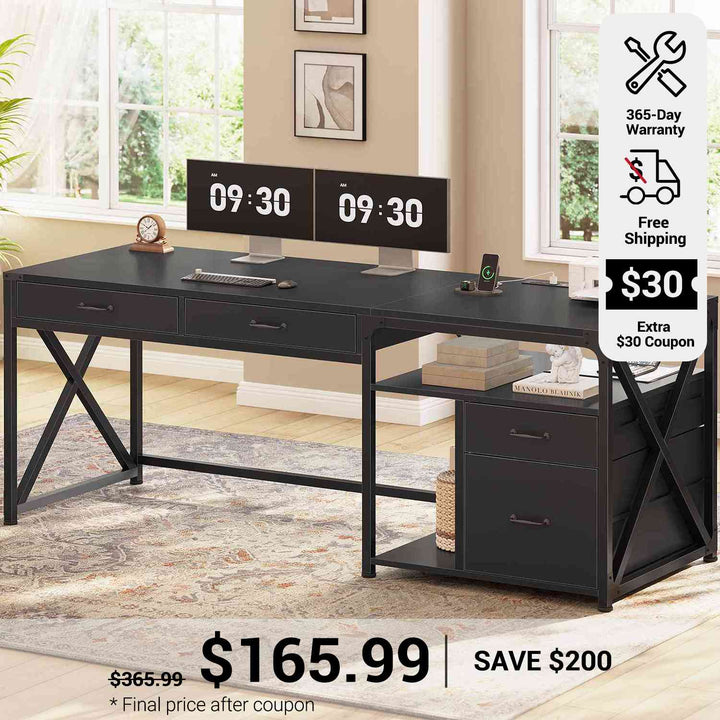SEDETA 63 Inch Office Desk Computer Desk with File Drawers and Power Outlet