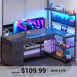 SEDETA | 47.2 Inch LED Gaming Desk Reversible L Shaped Computer Desk with Drawers Storage Shelves and Power Outlet
