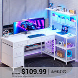 SEDETA | 47.2 Inch LED Gaming Desk Reversible L Shaped Computer Desk with Drawers Storage Shelves and Power Outlet