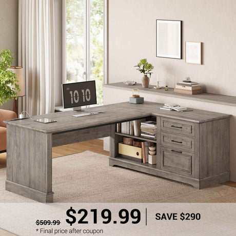 SEDETA | 61 Inch L Shaped Computer Desk Farmhouse Executive Desk with Storage File Drawers Shelves Power Outlets for Home Office