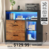 SEDETA® 31.5 Inch 2 Drawer LED File Cabinet Filing Display Cabinets with Lock and Charging Station Fits Legal Letter A4 Files